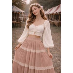 Show Me Your Mumu Sz Medium Jenna Cream Cropped Peasant Top Balloon Sleeve Shirt